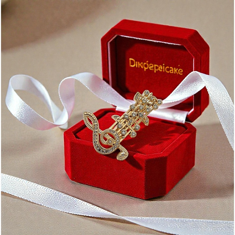 Gold Tone Musical Note Treble Clef Rhinestone Brooch Pin Music Gift‎ with Box
